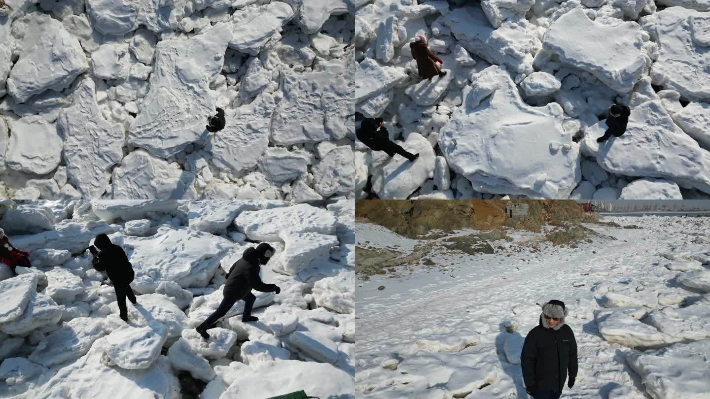 俯拍 雪地 行走的人 航拍 4K 锦州