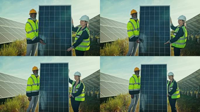 团队在农场展示太阳能电池板，清洁能源，户外电力维护和微笑。可持续性，光伏电网和幸福的男人，女技术员和
