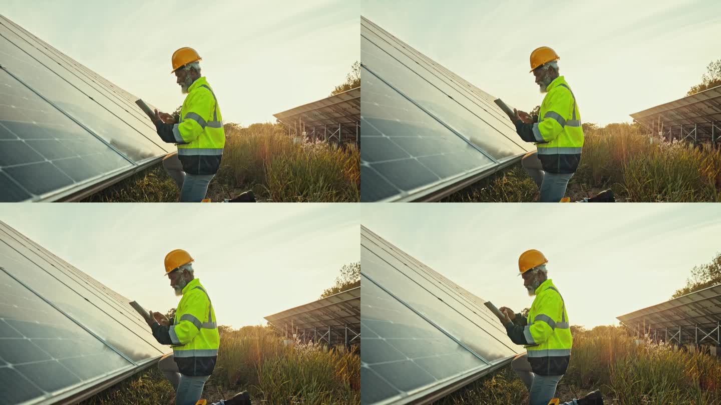 工作人员在太阳能电池板农场检查，清洁能源和室外电力维护。可持续发展，光伏电网和技术人员与可再生资源系