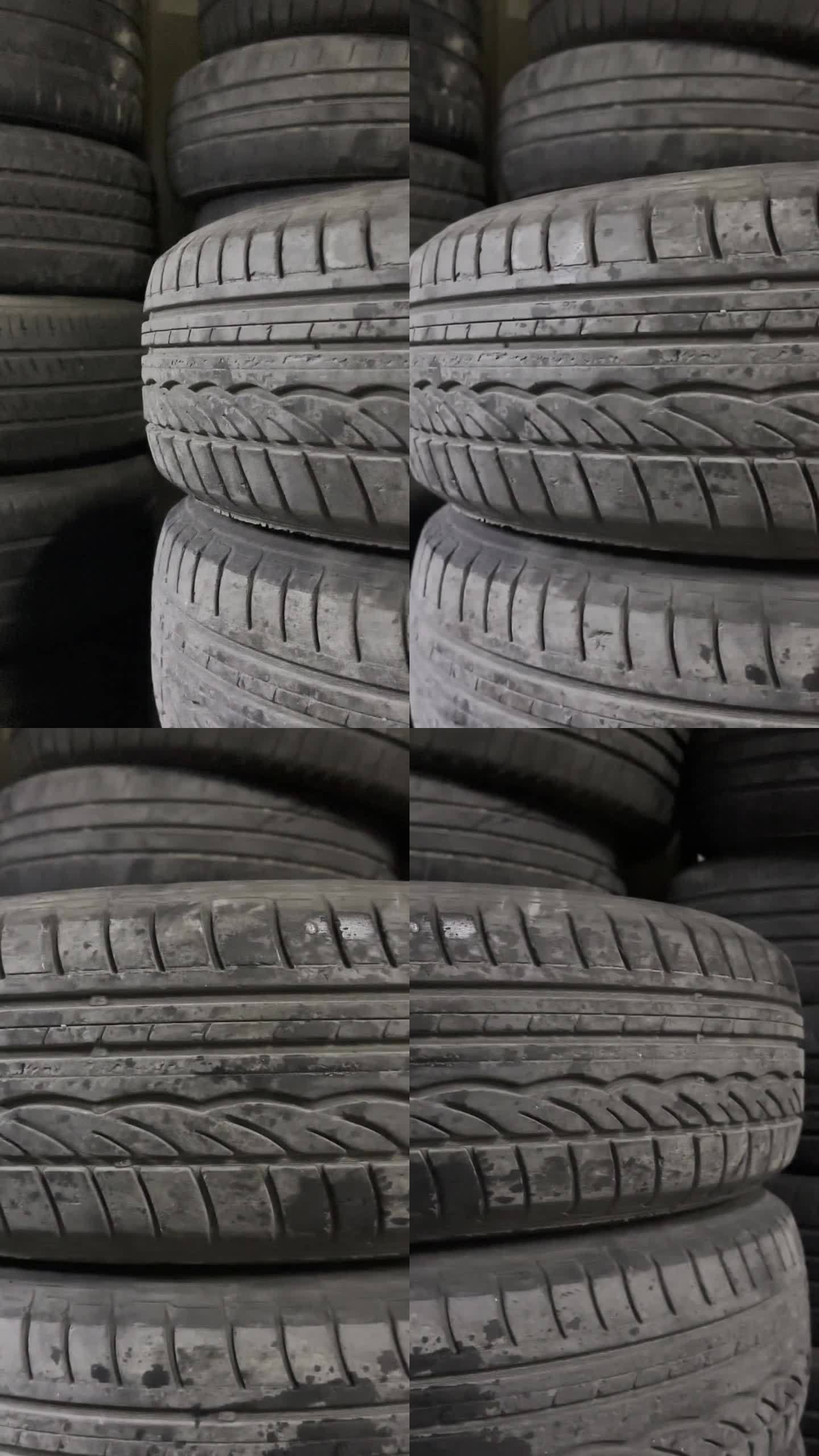 近距离的旧汽车轮胎堆栈4K库存视频