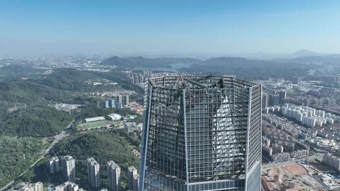 东莞民盈国贸中心航拍写字楼近景钢结构特写
