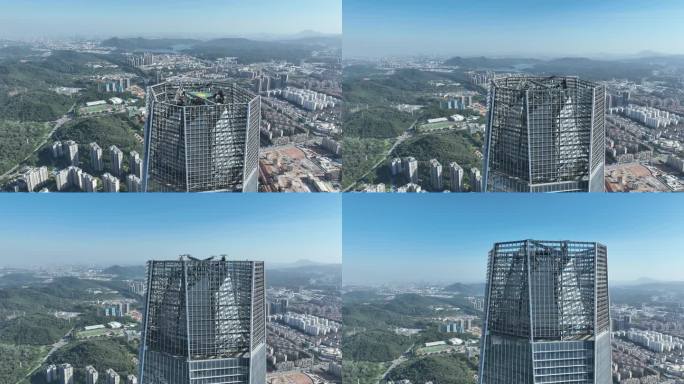 东莞民盈国贸中心航拍写字楼近景钢结构特写