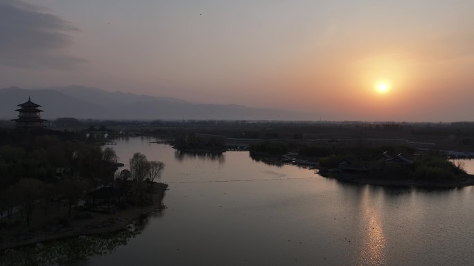 鄠邑 渼陂湖 夕阳 航拍 西安