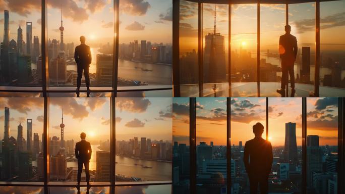 上海落地窗男人背影成功人士剪影俯瞰城市