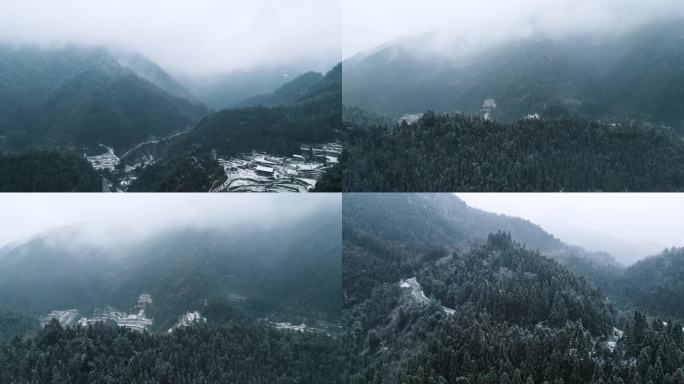 山林雪景航拍，冬天下雪森林白雪苍茫