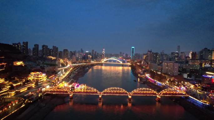 航拍兰州市黄河中山桥城市夜景