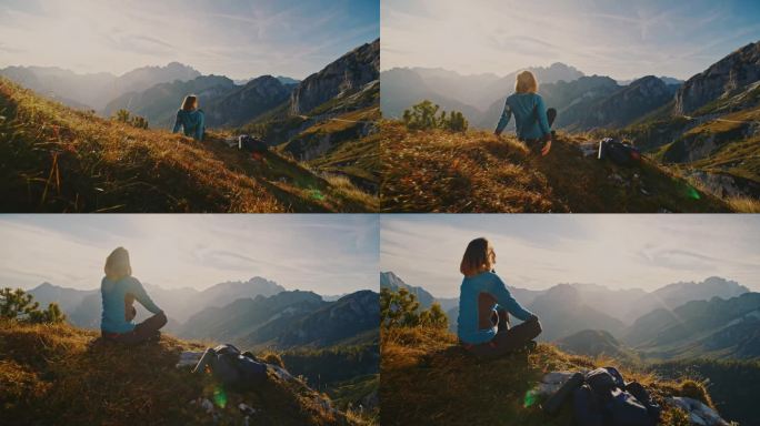 孤独的大自然:妇女休息在绿色的山顶在傍晚的阳光徒步探险
