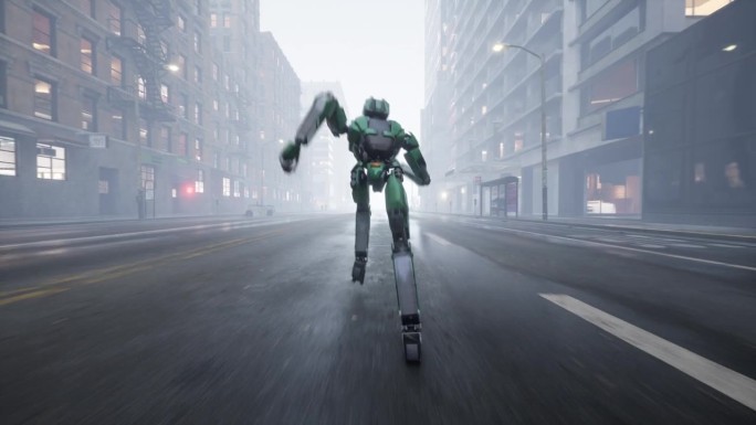 人形人工智能机器人在大城市的无人街道上奔跑。3 d动画。未来的概念