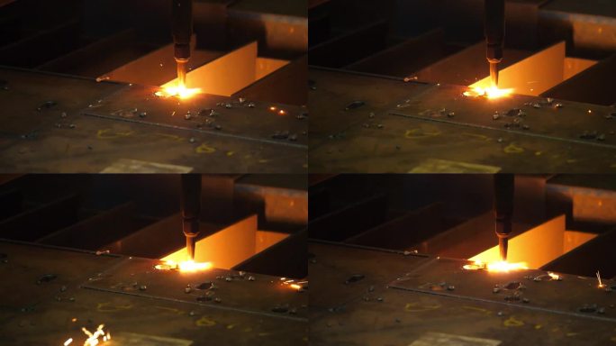 工作中的激光精度:观看爆破机毫不费力地切割金属片，在这个库存镜头中生动地展示了高效的技术。