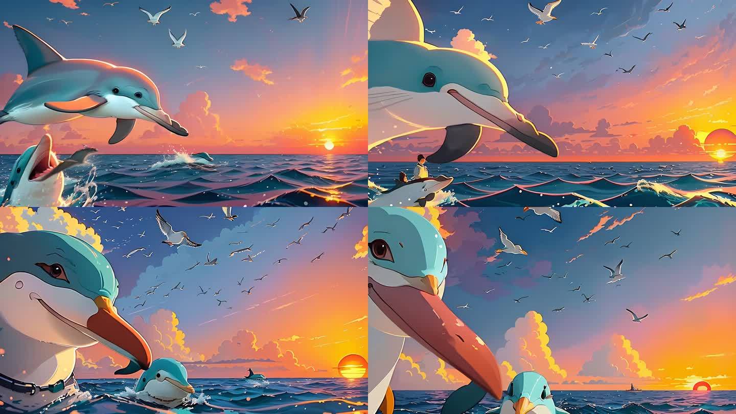AI演绎夕阳下的海鸥好大海