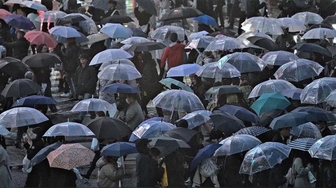 横屏5段雨夜 打伞人潮 日本涩谷 4k