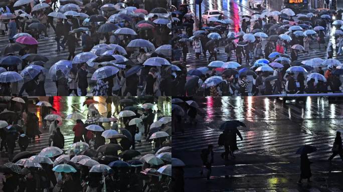 横屏5段雨夜 打伞人潮 日本涩谷 4k