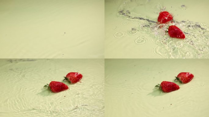 草莓落水碰撞旋转高清实拍 升格