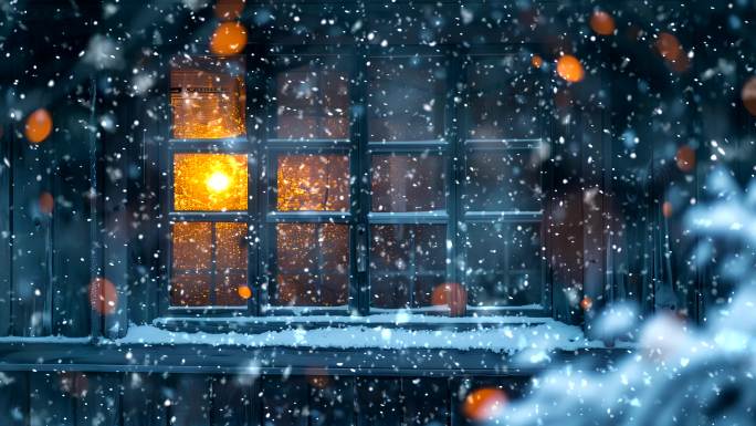 木窗框窗外下雪蓝基调
