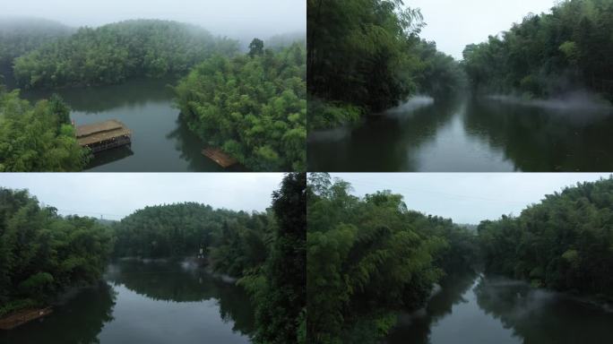 竹林烟雾缭绕湖面航拍