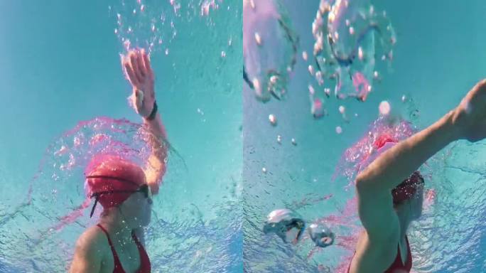 在阳光明媚的日子里，坚定的女子在泳池里练习自由泳的低角度水下镜头