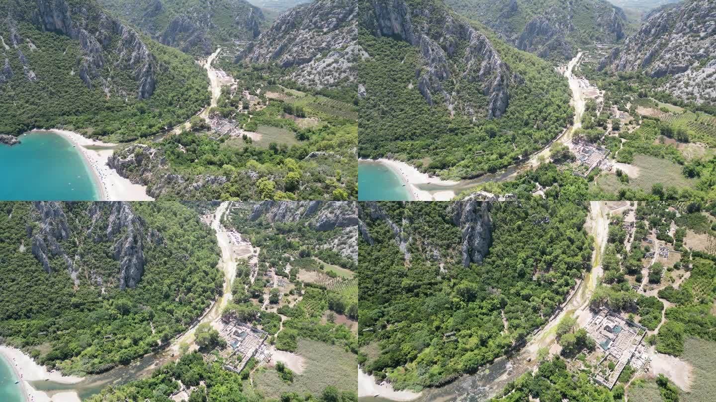 安塔利亚省地中海上的西拉里和奥林波斯海滩鸟瞰图。4k分辨率。