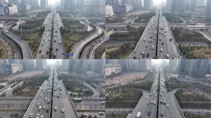 西安 无人机航拍城市高架桥车流