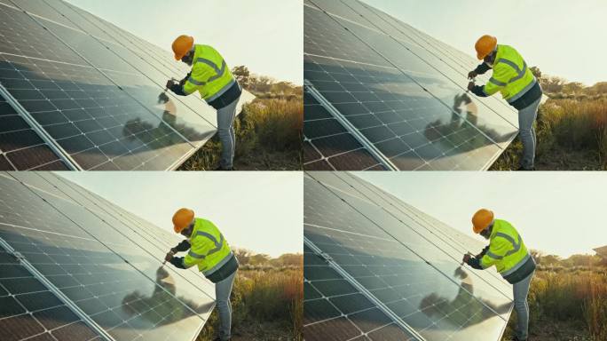 太阳能，可再生能源和一名工程师在农场安装可持续性或基础设施面板。建筑，工业和电力与技术员户外在一个绿