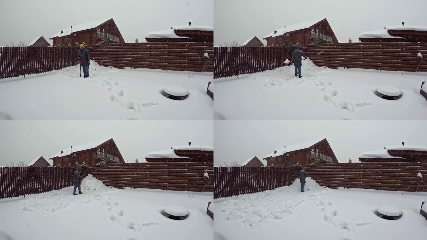 爸爸在后院铲雪，孩子们绕圈跑时间