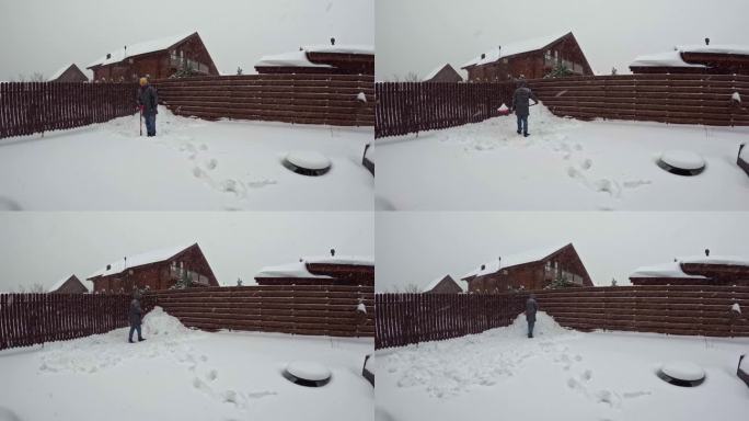 爸爸在后院铲雪，孩子们绕圈跑时间