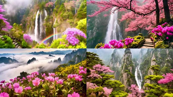 黄山 高山流水 瀑布河流 春暖花开 彩虹