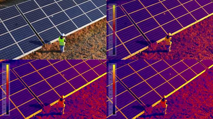 热视觉相机无人机拍摄的年轻女工程师在防护衣操作无人机飞行检查太阳能电池板在农场