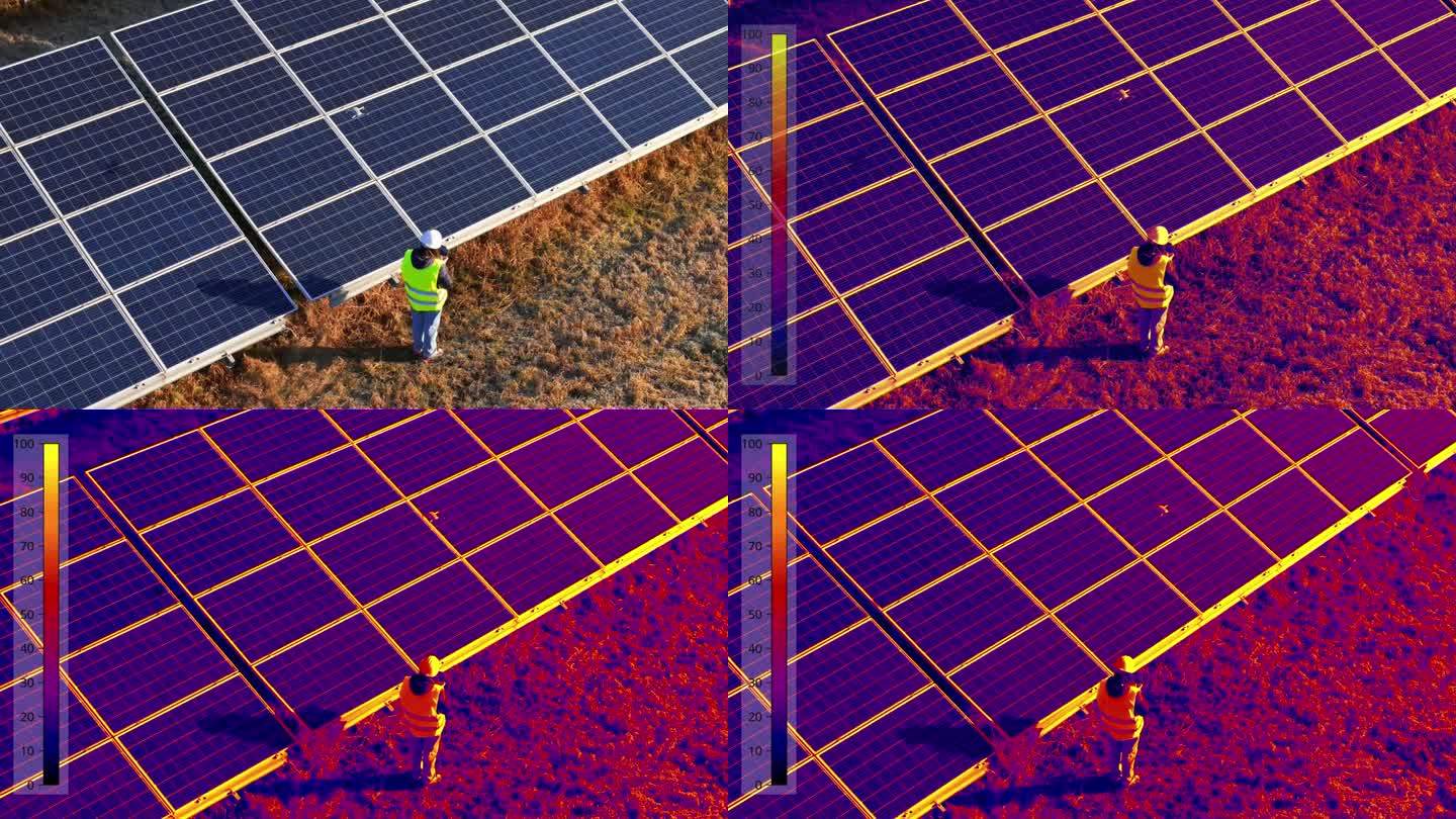 热视觉相机无人机拍摄的年轻女工程师在防护衣操作无人机飞行检查太阳能电池板在农场