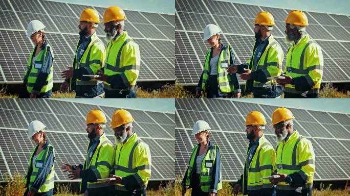 团队在太阳能电池板厂进行讨论，清洁能源和户外电力维护。可持续性，光伏电网系统和技术员与工程师，规划和