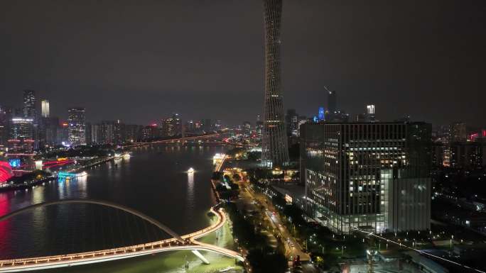 广州大桥海心桥夜景航拍车流交通广州大道夜