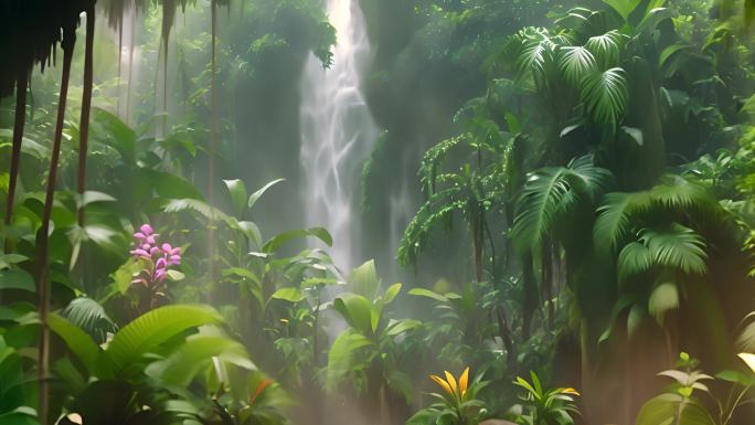 丛林里的瀑布原始森林自然环境
