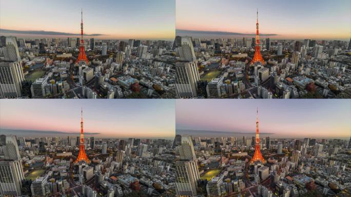 日本东京塔繁华城市道路的日落晚霞黄昏日出