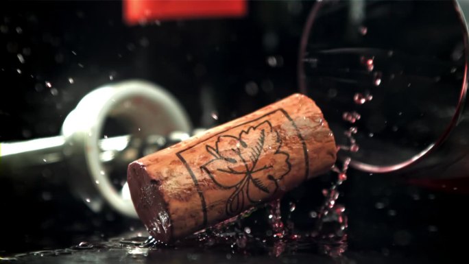 瓶塞掉到红酒里溅起了水花。用高速摄像机拍摄，每秒1000帧。