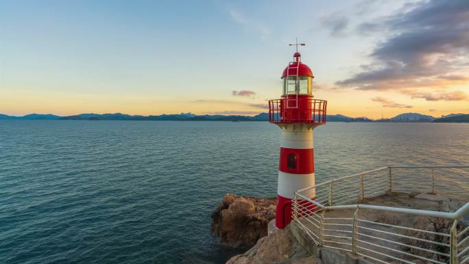 阳光海岸海滩大海日落灯塔落日晚霞空镜头