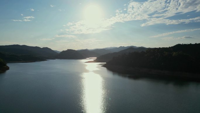 4K航拍怀化晒口湖日落山水风景