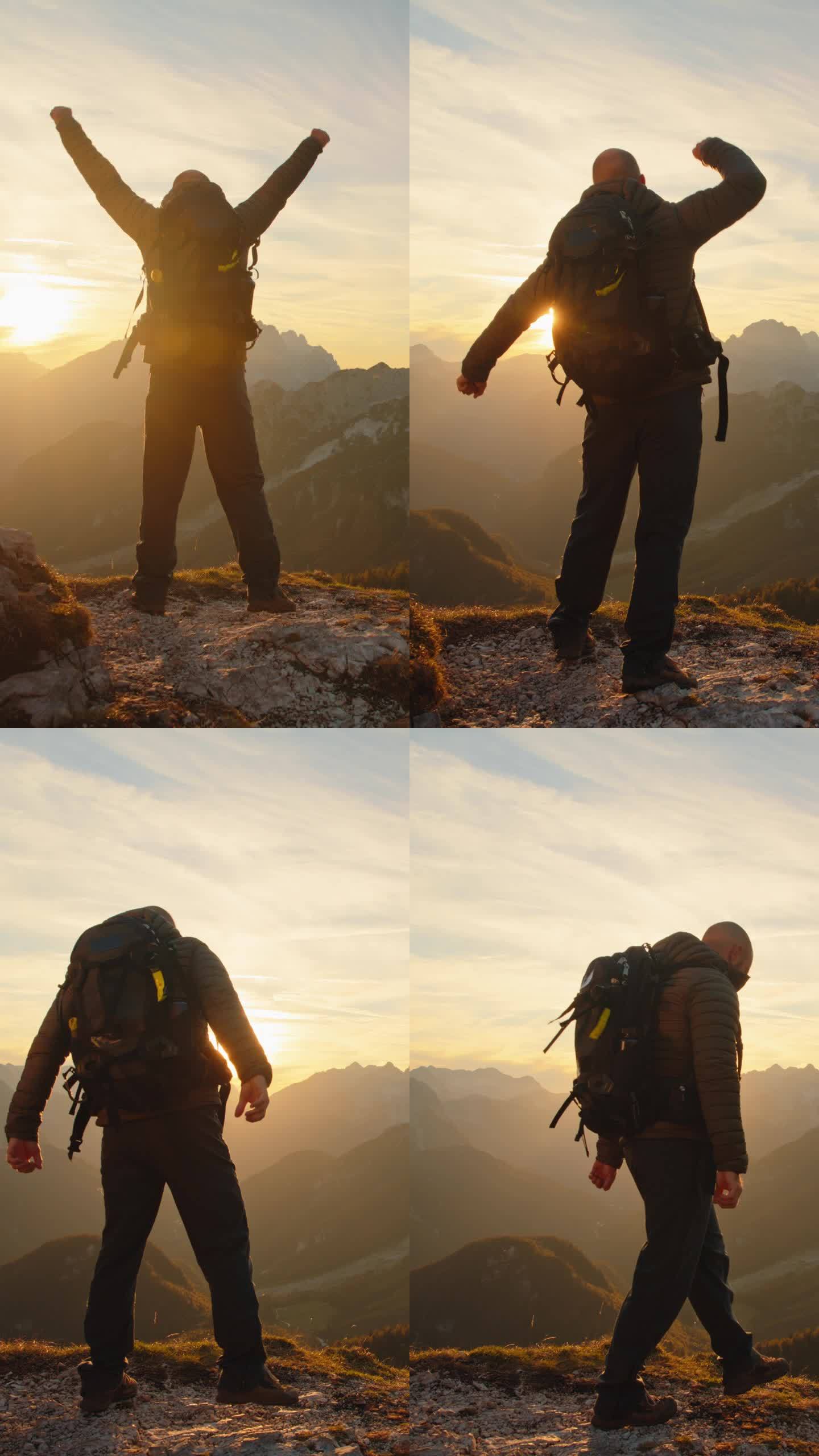 在日落时分拥抱大自然的辉煌:一个人在山顶上张开双臂，喜悦和胜利