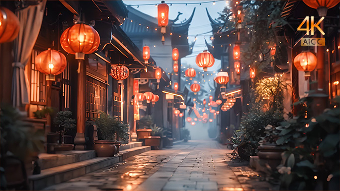 中国古风街道/古镇张灯结彩/古代唯美氛围