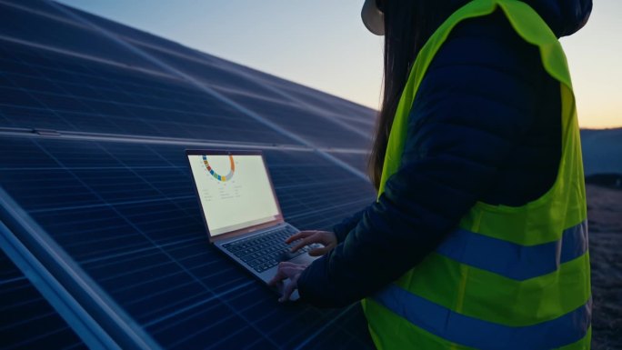 蓝色时间里，穿着防护服的年轻女工程师在太阳能发电厂把笔记本电脑放在太阳能电池板上分析图表