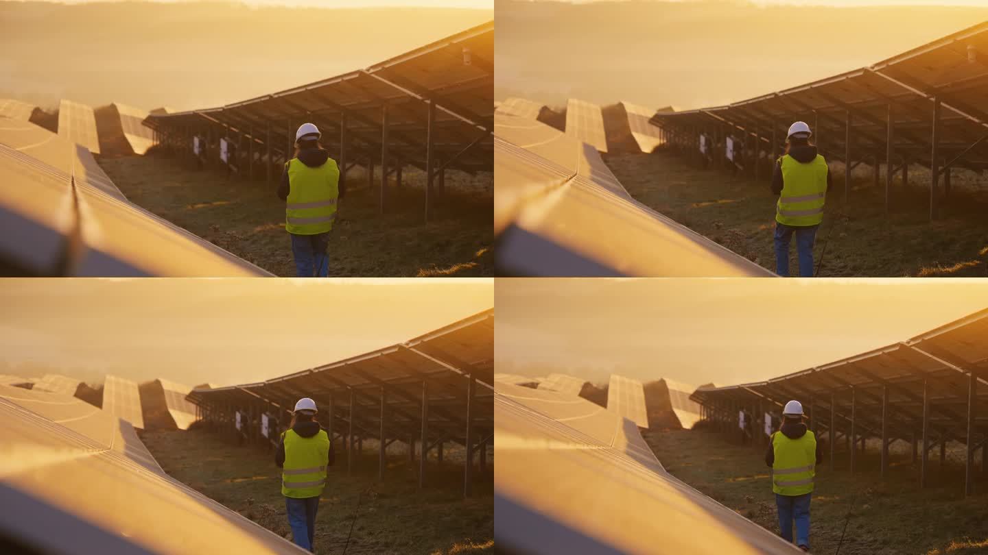 日落时，穿着防护服的女工程师在太阳能发电厂的太阳能电池板中行走的后视图