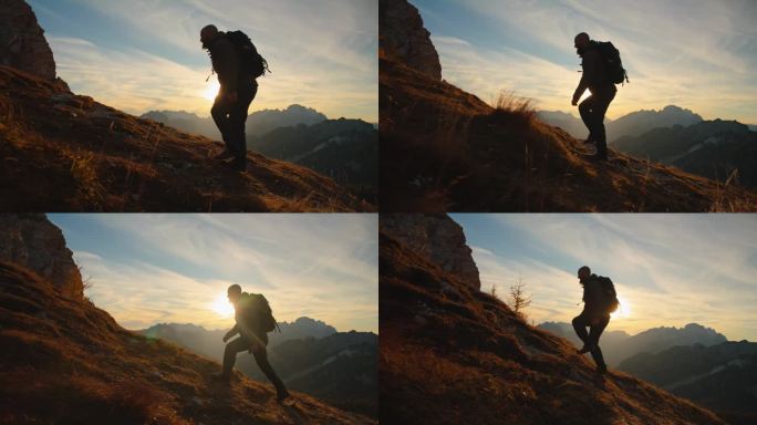 攀登高峰:男性徒步旅行者探索长满草的山路