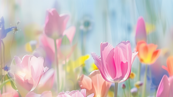 春暖花开唯美郁金香花田/空镜梦幻背景