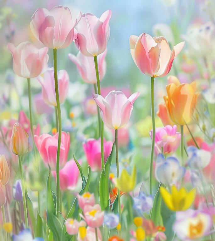 春暖花开唯美郁金香花田/空镜梦幻背景