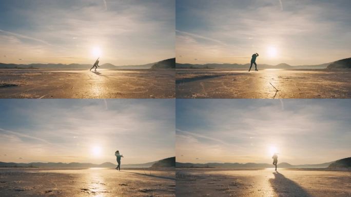 日出时分，年轻女子在天空下的大冰湖上表演花样滑冰