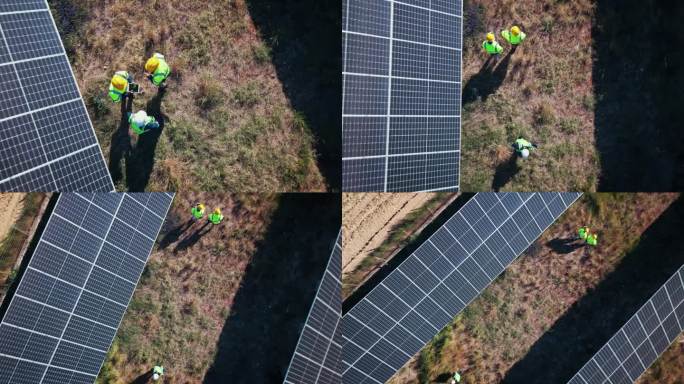 太阳能电池板无人机，工程人员和农场与可再生能源团队，电力或环保能源。农业鸟瞰图，光伏电网和在陆地或田