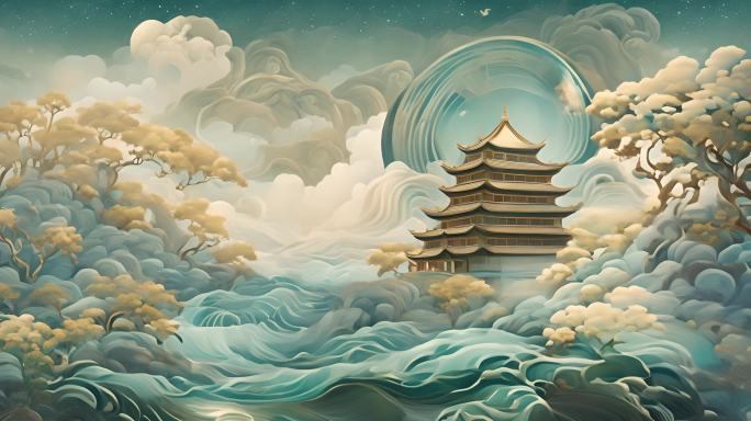 中式国潮建筑水彩画背景