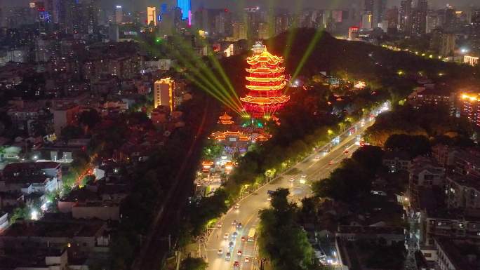 湖北黄鹤楼公园武汉长江大桥夜晚夜景航拍车