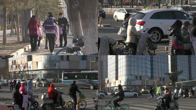 繁忙生活行人清晨走路的人骑电瓶车街景上班