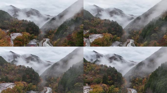 静冈县静冈市青井区，日本无人机拍摄的Umegashima温泉的秋叶