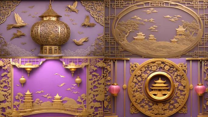 中式雕塑壁画展示金色