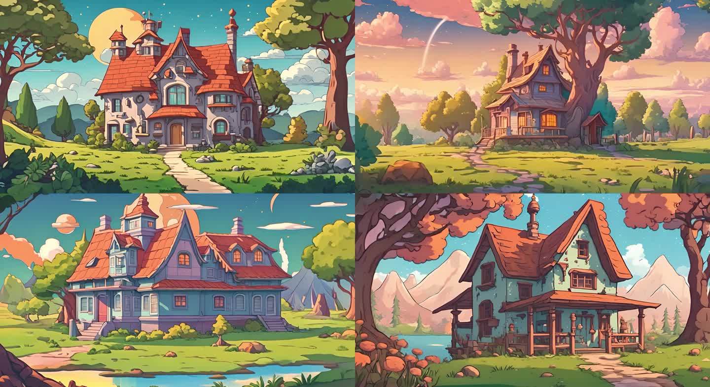 卡通房屋动画风格农村背景